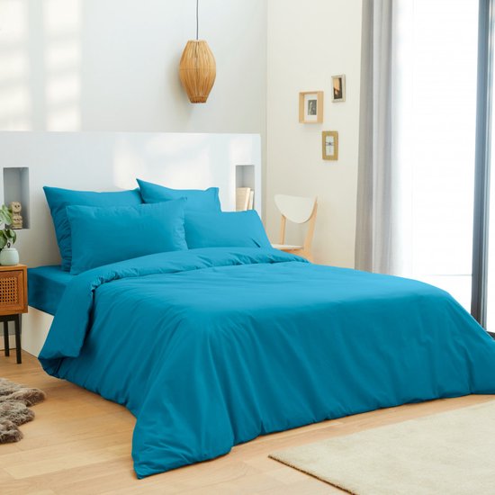 Univers Décor - 4-delige Unicolore Turquoise lakenset voor bed van 160 x 200 cm "Grande Largeur" 100% katoen / 57 thread count