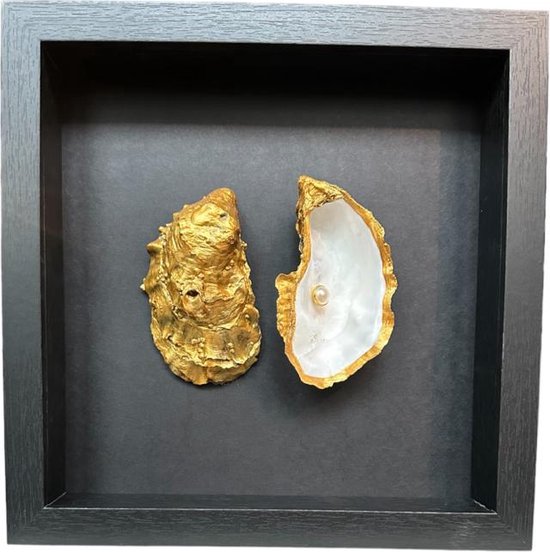 Gouden oester in lijst dubbel met parel
