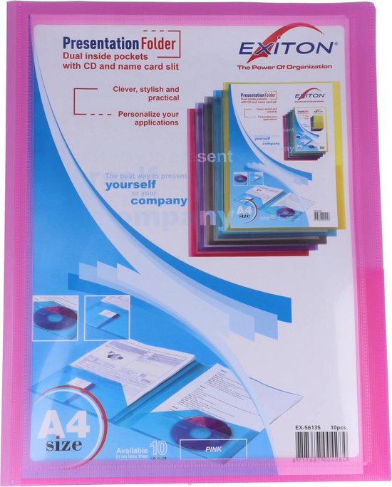 Roze A4 presentatiemap met binnenvakken voor CD en naamkaartjes. "Presentation Folder" in wit.