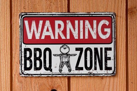 Wandbord - Warning Bbq zone - Wandbord voor buiten - Metalen wandbord - BBQ - buiten keuken - Metalen bord - Mancave - Mancave decoratie - Teskt bord - Retro - Metal sign - Decoratie - Metalen borden - Cadeau - UV bestendig - Bbq drukwerk