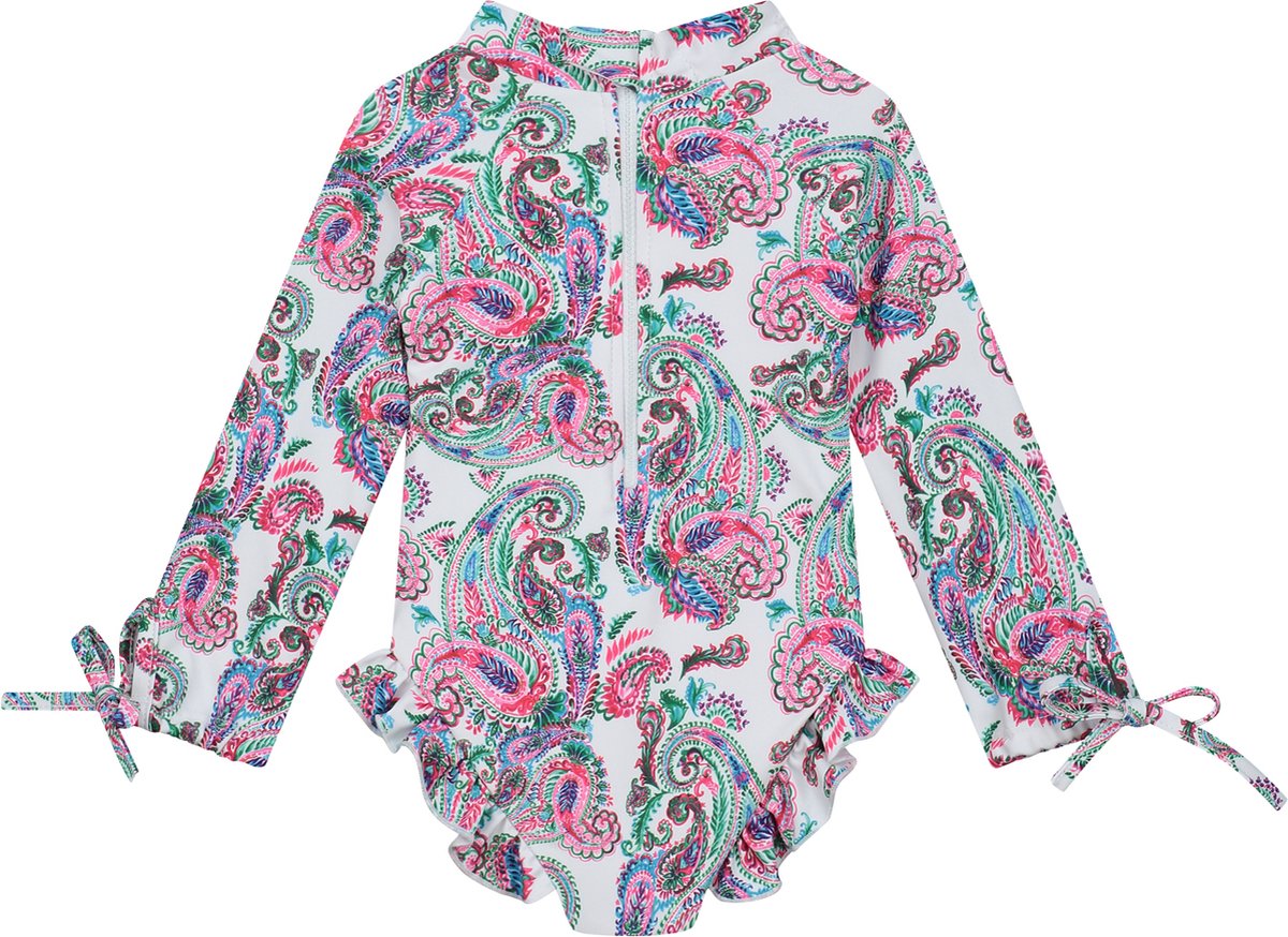 Supercute badpak UV-Zwempak - UPF50+, wit paisley print met lange mouwen, ruffels en rits sluiting maat 68/74