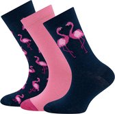Ewers Kindersokken - 3-Pack - Donkerblauw & Roze Flamingo's - Effen Roze & Donkerroze-23/26