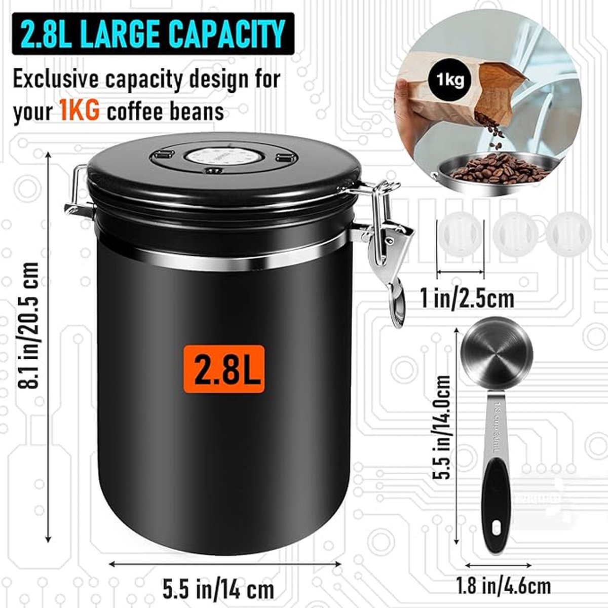 Dreahigh® Koffieblik, luchtdicht, 1 kg, koffierecipiënt van roestvrij