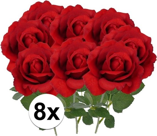 8x rode rozen van polyester - 37 cm - Valentijn / Bruiloft rode kunstrozen