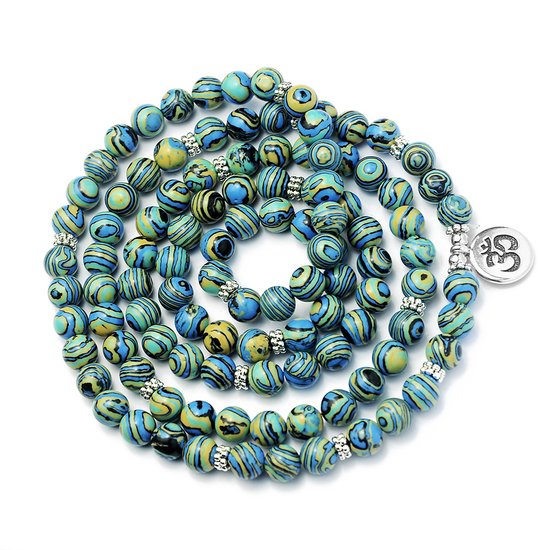 Marama - Collier Mala Malachite - Pendentif Lotus - pierres précieuses - élastique - peut également être porté comme bracelet enroulé - collier pour femme