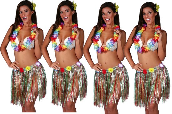 Fiestas Guirca Hawaii verkleed set - 4x - volwassenen - multicolour - rokje/bloemenkrans/haarclip