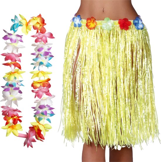Hawaii verkleed hoela rokje en bloemenkrans met led - volwassenen - geel - tropisch themafeest