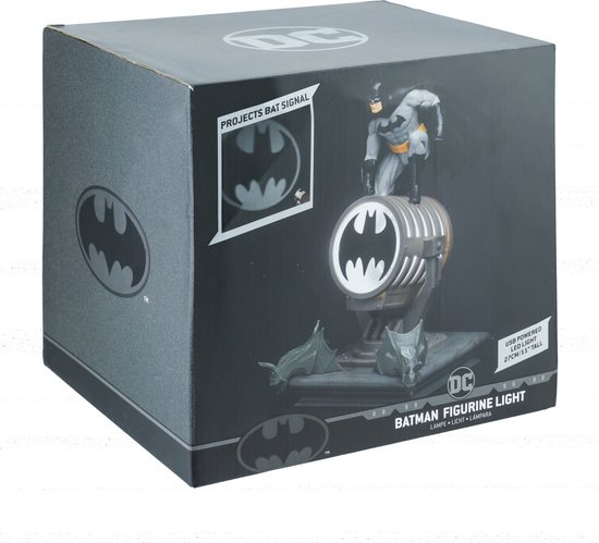 Verpakking van de Batman-figuurlamp met afbeelding van de lamp en de tekst "BATMAN FIGURINE LIGHT".