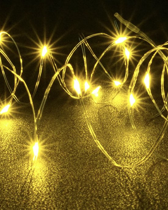 Gele Glow String Lights by Aira - Draadverlichting lichtsnoer met 20 LED lampjes op batterij 200cm - Lampensnoer kerstverlichting - Fairy Lights - DIY kostuum kleding carnavals verlichting - sfeer batterijverlichting slinger - feest partylights