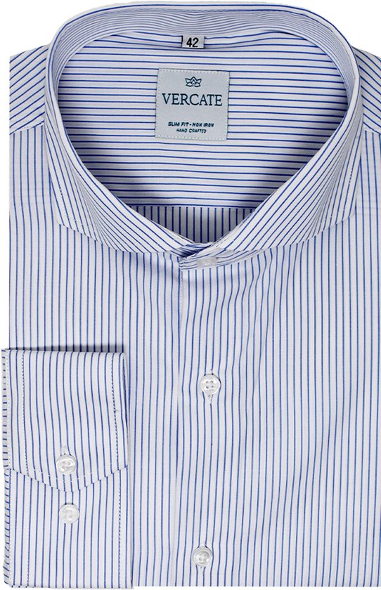 Vercate - Strijkvrij Overhemd - Wit Blauw - Wit Blauw Gestreept - Slim Fit - Poplin Katoen - Lange Mouw - Heren - Maat 40/M