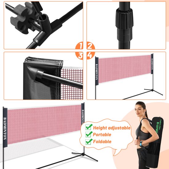 Badmintonnet en Volleybalnet - 410cm - Tennisnet - Multifunctioneel Sport Net - verstelbaar met draagtas - Draagbaar Badminton Net - Merkloos