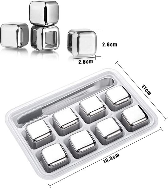 LACARI Roestvrij Stalen Ijsblokjes Set | [8x] Herbruikbare ijsblokjes voor Gin, Whisky, Rum, Wijn | Ijsblokjes vorm Inclusief Tangen & stoffen zakje | E-Book Cadeau Whisky | Verjaardagscadeau