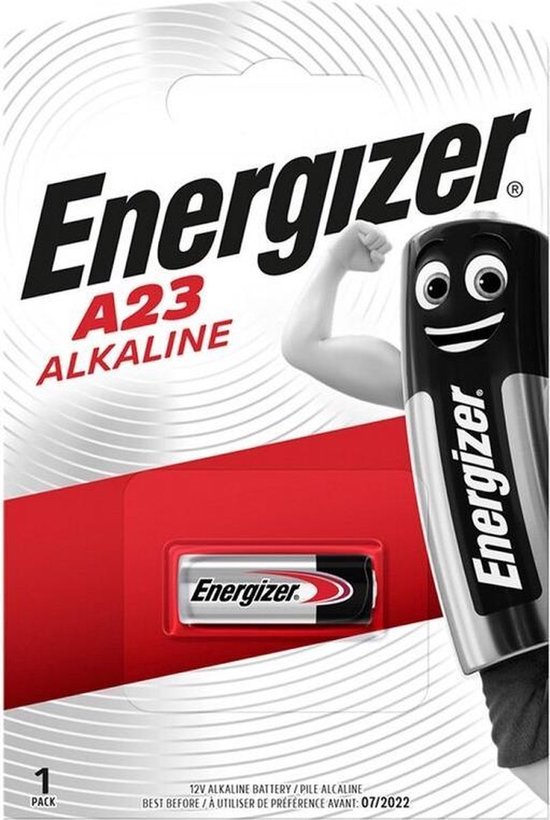 Emballage de piles alcalines Energizer A23 avec la mascotte dessinée et une seule pile.