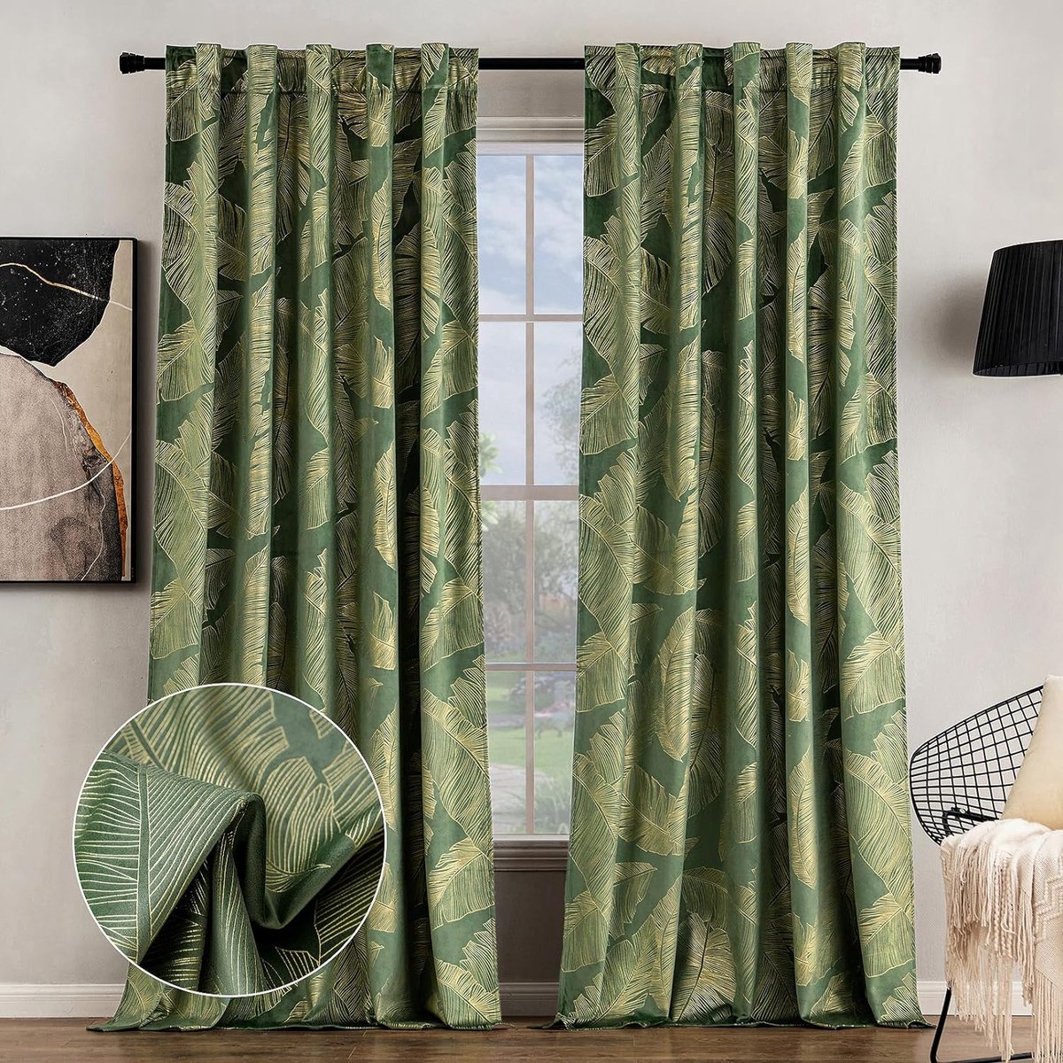 Rideaux En Velours De Coton Vert Vintage - Occultants Et Doublés - Taille énorme 92 X 113 Pouces