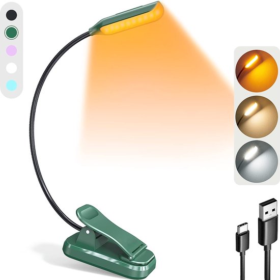 JUALL Lampe de Lecture LED pour Boek - Lampe de Livre Rechargeable avec Pince - Lampe de Lecture de Chevet - Lampe de Livre - Vert