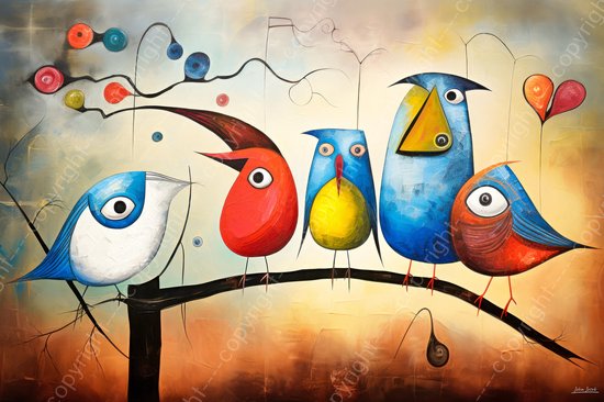 JJ-Art (Aluminium) 120x80 | Vogels op een tak, abstract modern surrealisme, Joan Miro stijl, kunst | dier, vogel, blauw, bruin, rood, geel, modern | foto-schilderij op dibond, metaal wanddecoratie