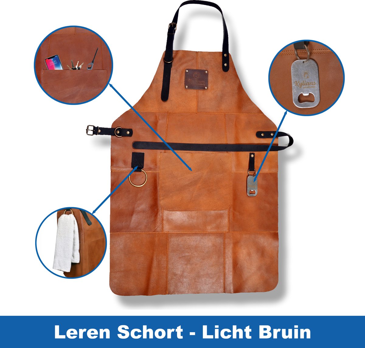 Leren Schort Licht Bruin 81 x 56 cm - Barbecue Schort Man - Cognac Keukenschort