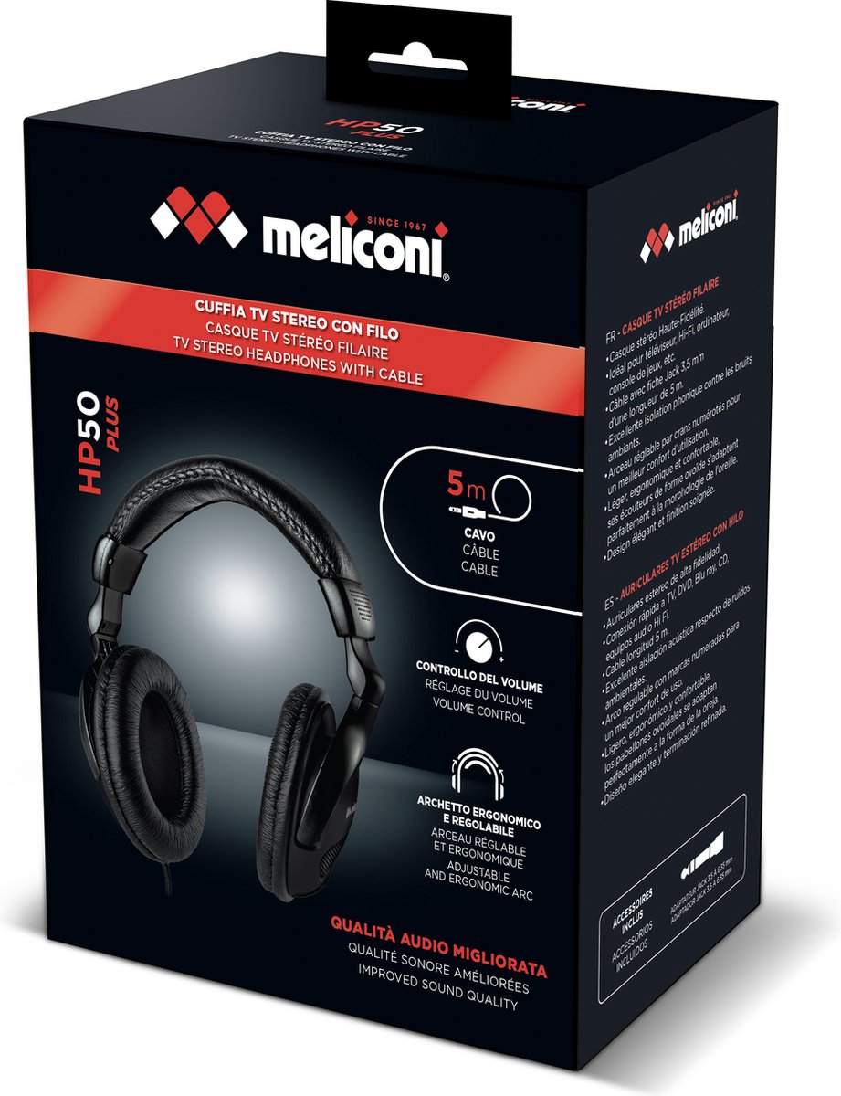 Meliconi HP 50 PLUS Headset - Koptelefoon - Bedrade Koptelefoon - 5M Kabel - TV & Muziek - Zwart