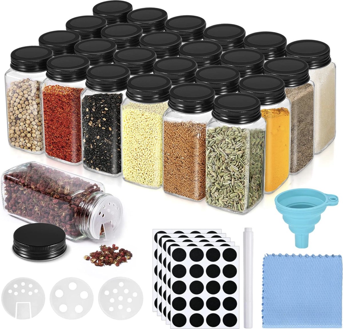 24 stuks kruidenpotjes, 120 ml, glazen specerijenpotjes, rechthoekig, kruidencontainers, set met siliconen trechter, kruidendoos met kruidenetiketten, keukengerei, keukenaccessoires, zwart