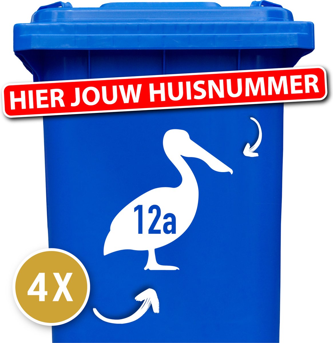 Container Sticker Huisnummer + Pelikaan 4 Stuks - wit - 20 x 20 cm - kliko Sticker Voordeelset - Containerstickers - Weerbestendige Stickers - Stickers Buiten - Containersticker Huisnummer - klikostickers - Cijfer Sticker - Kliko Sticker Huisnummer