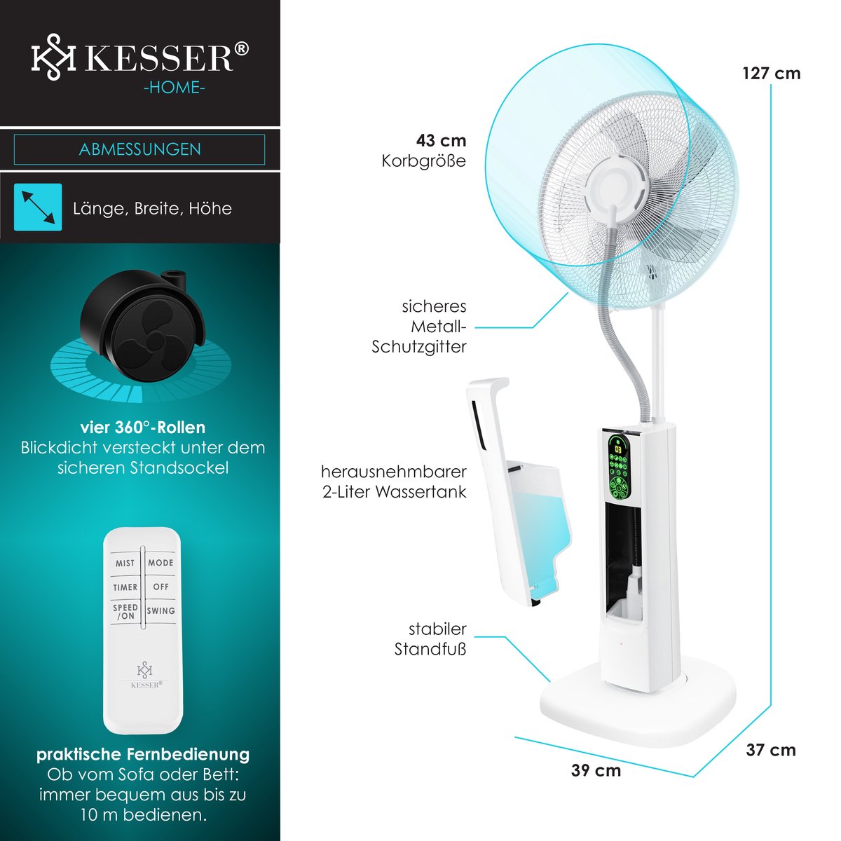KESSER® Stand-Ventilator Frosty mit Wasser Ultraschall-Sprühnebel Wasserkühlung, inkl. Fernbedienung Timer-Funktion, Luftbefeuchter Leise, Nebelfunktion, Standventilator, Weiß/Schwarz