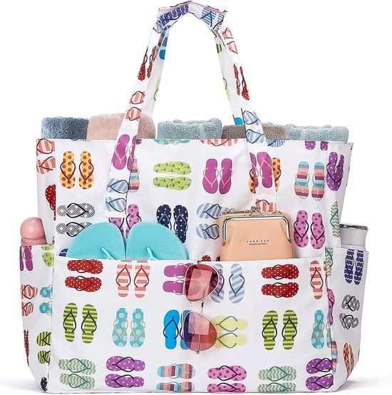 VASCHY Strandtas voor dames, opvouwbare lichte zomertas met meerdere zakken voor vakantie, reizen, 17,3 l, bloemenpatroon, A-flamingo, paars, één maat
