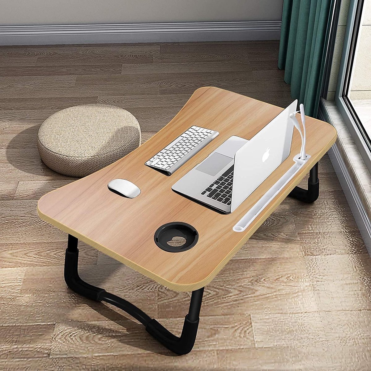 Laptoptafel, laptopbedtafel, inklapbaar, notebooktafel met 4 USB-oplaadpoorten, lade, PAD-standaard, bekersleuf, voor bed, bank, vloer (60 x 40 cm, houtkleur)