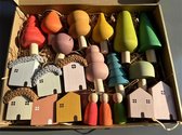 Luxe 24-delig Houten Speelgoed - Handgemaakt Speelgoed - Duurzaam Speelgoed - Pastel Nordic Buiding Blokken - Stapelen - Gehaakte Huisdieren - Regenboog Bosbomen