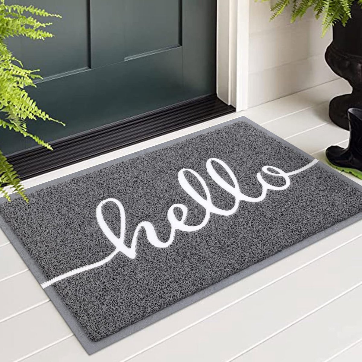 "Hello" Deurmat, voor buiten en binnen, antislip, vuilvangmat, deurmat, wasbare deurmat voor buiten voor huisdeur, entree, tuin, 60 x 90 cm, grijs