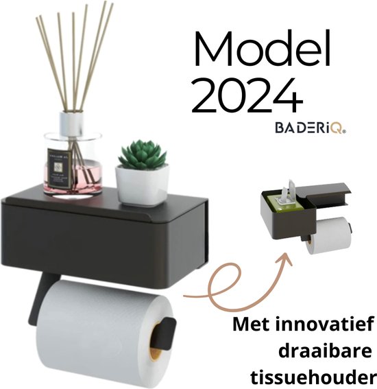 BaderiQ - WC rolhouder - met bakje - Toiletrolhouder - NEW MODEL 2024 - Zwart - met plankje - met tissue houder en plankje - bakje is draaibaar alles kan blijven staan - tissues van onder of boven - boren of plakken