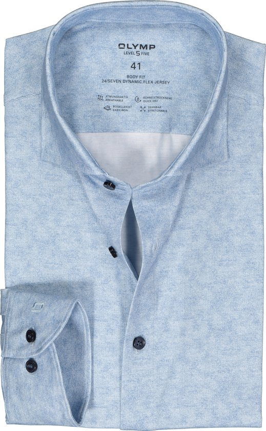 OLYMP 24/7 Level 5 body fit overhemd - tricot - blauw melange - Strijkvriendelijk - Boordmaat: 40