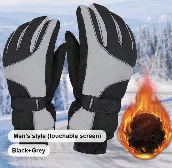 Winter skihandschoenen met touch screen voor heren grijs/zwart one size - Warme handschoenen, anti-slip, winterdicht, waterbestendig, met anti loss buckle geschikt voor skiën, schaatsen, fietsen, voor wintersport