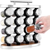 Étagère à épices avec 16 pots, pots à épices avec couvercle en acier inoxydable, organisation de stockage d'épices ronde en verre pour armoire de cuisine et plan de travail