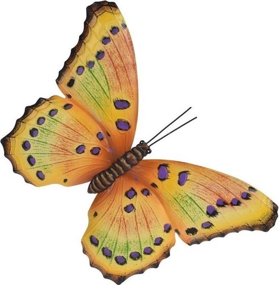 Tuin/schutting decoratie geel/paarse vlinder 44 cm - Tuin/schutting/schuur versiering/docoratie - Metalen vlinders