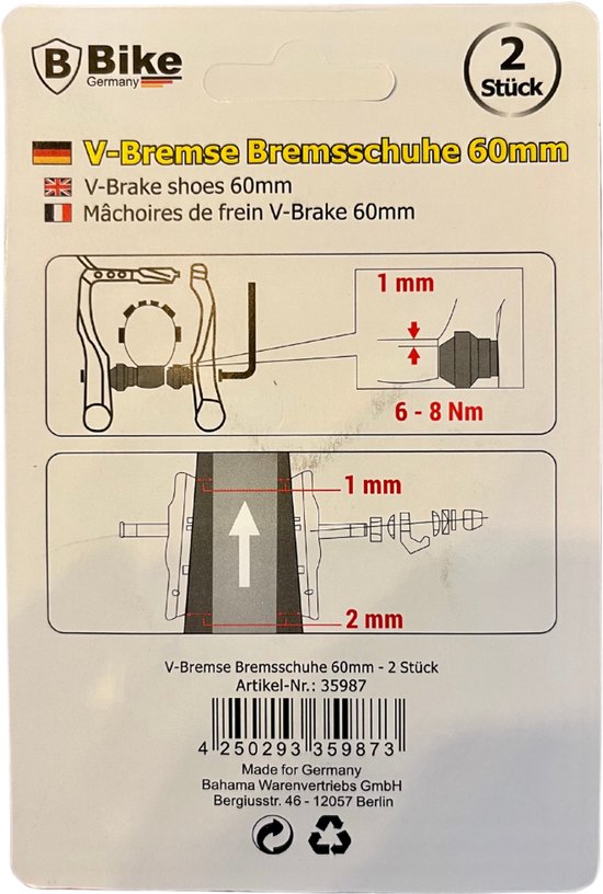 Verpakking met twee V-brake remblokken van 60 mm.