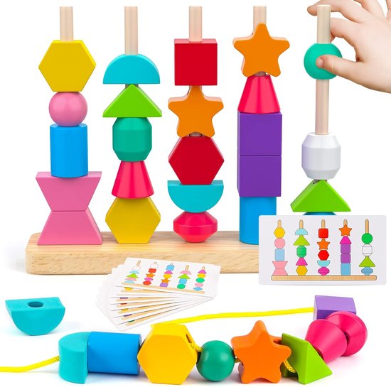 BOTC Montessori houten kralen speelgoedset - Stapelblokken, Rijgkralen en stapelblokken - STEM-voorschools - Cadeaus voor Peuters