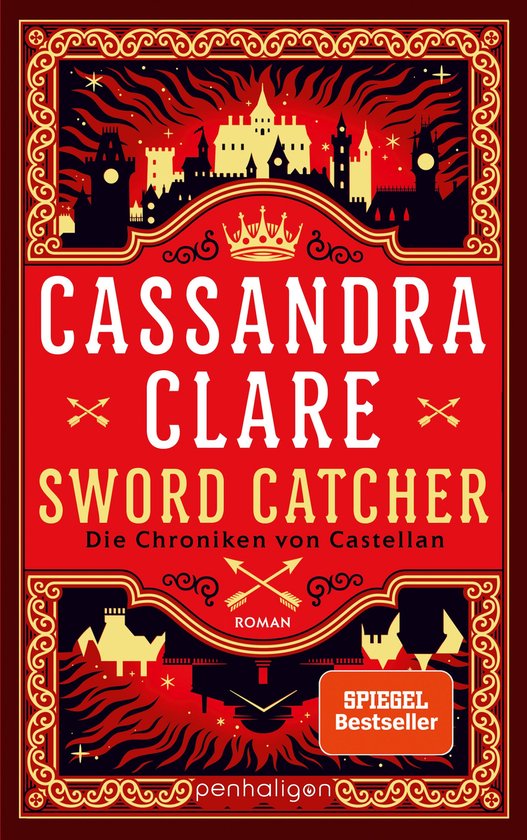 Boekcover van "Sword Catcher" van Cassandra Clare, met een rode achtergrond, silhouetten van kastelen en de titel.