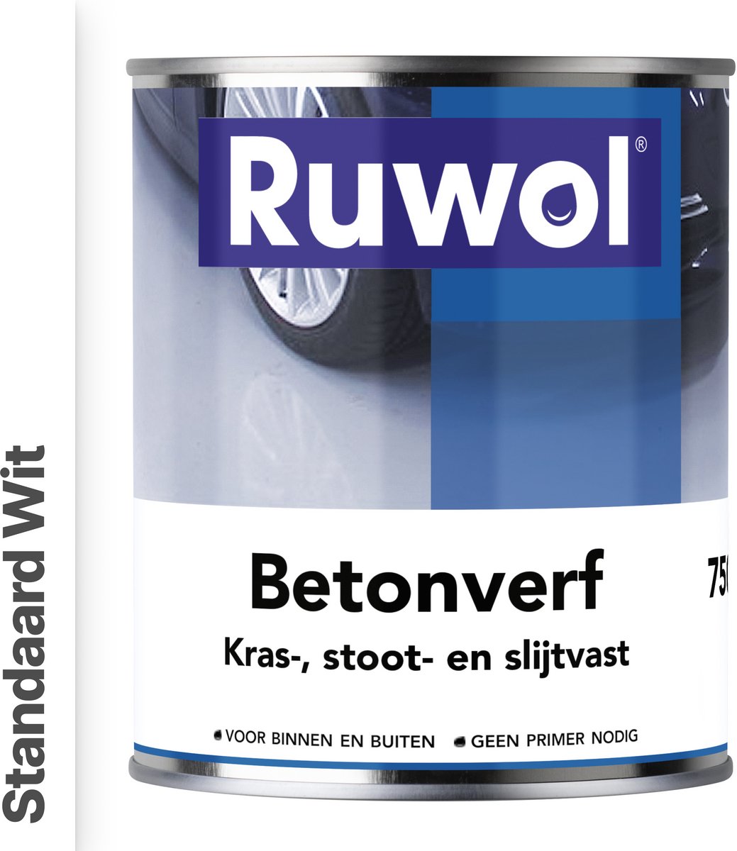 Ruwol Betonverf Standaard Wit 750 ml - Voor binnen en buiten - Alle kleuren - Kras-, stoot- en slijtvaste verf voor beton en steen - Betonverf voor buiten