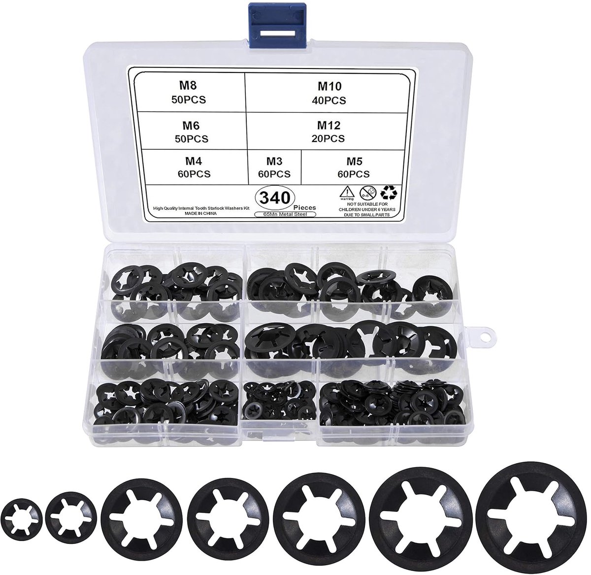 Geassorteerde set binnentand-sluitringen - zwart - 340 stuks - diverse maten van M3 tot M12