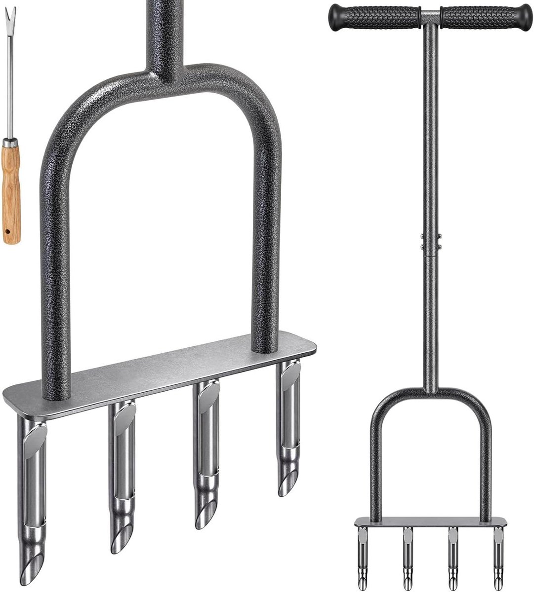 Allecto plus - Gazonkern beluchter voor gras - handmatige beluchtingstool - lange steel - 4 Prong Heavy Duty - coring beluchting spike - semi-open plug - soft grip - klei-afvoergereedschap - tuin grond plugger