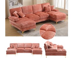 Re-purelife® Luxe Moderne U-vormige loungebank / hoekbank 272x136 cm, Hoekzetel, massief houten frame, dubbele ligplaatsen, comfortabele ligbank, stevige constructie, ergonomisch zitcomfort, ruime familiesofa voor woonkamer of kantoor – Roze