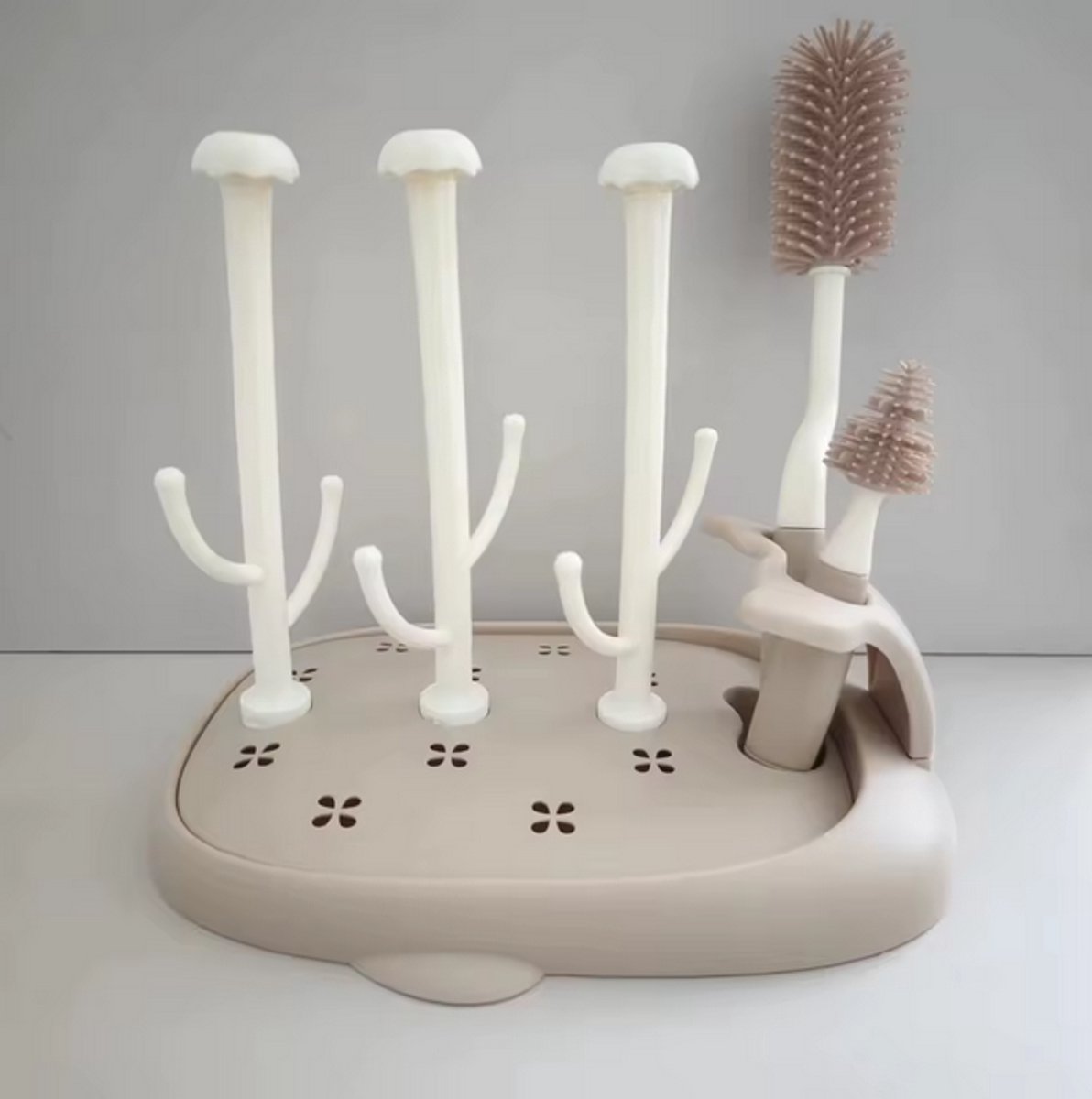 Flessen Droogrek - Opvouwbaar - Twee Borstels - Baby Flessenrek - Afdruiprek - Beige/Creme - Babyfles
