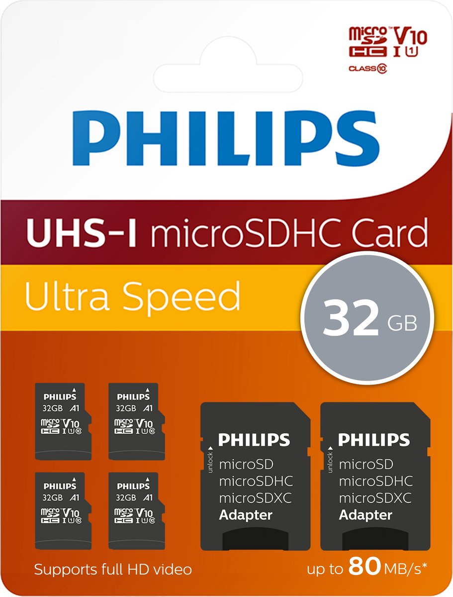 Philips Micro SDHC kaart - 32 GB - Class 10 - UHS-I U1 - Inclusief 2x SD Adapter - voordeel-4-pak