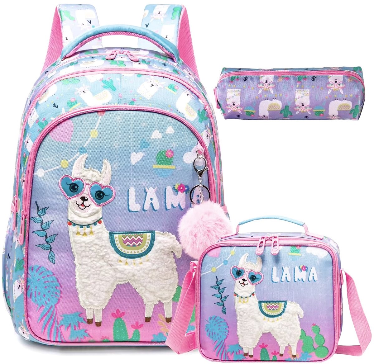 Ultiluxe® Lama rugzak, lunchtas, etui - Roze/blauw - Voelbaar teddy stof - 42 x 30 x 20 cm - Lamaprint met pompom - Complete schoolset - Schoolrugzak voor meisjes - Meiden schooltas lama's voor kinderen - 3-delige rugtas set
