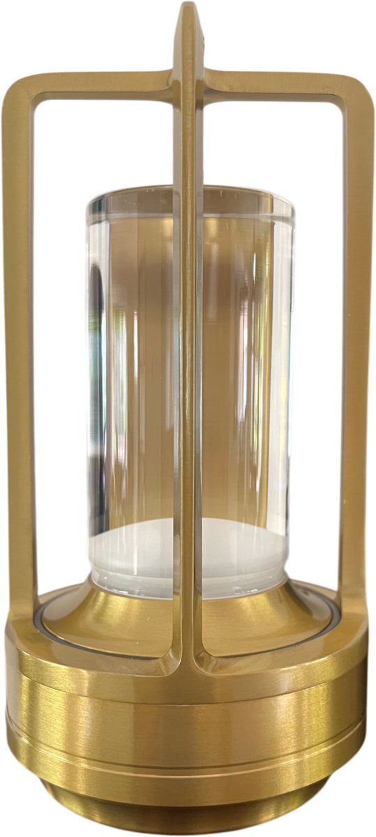 Lanta LED Tafellamp – Draadloos & Oplaadbaar – Touchbediening – Lantaarn Dimbaar – Warm en Wit Licht – 18 x 9 cm – Industrieel Design – Goud Aluminium