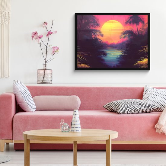 Poster in lijst - Fotolijst 80x60 cm - Posters - Zon - Geel - Palmbomen - Tropisch - Posterlijst zwart - Decoratie - Wanddecoratie woonkamer - Muurdecoratie slaapkamer