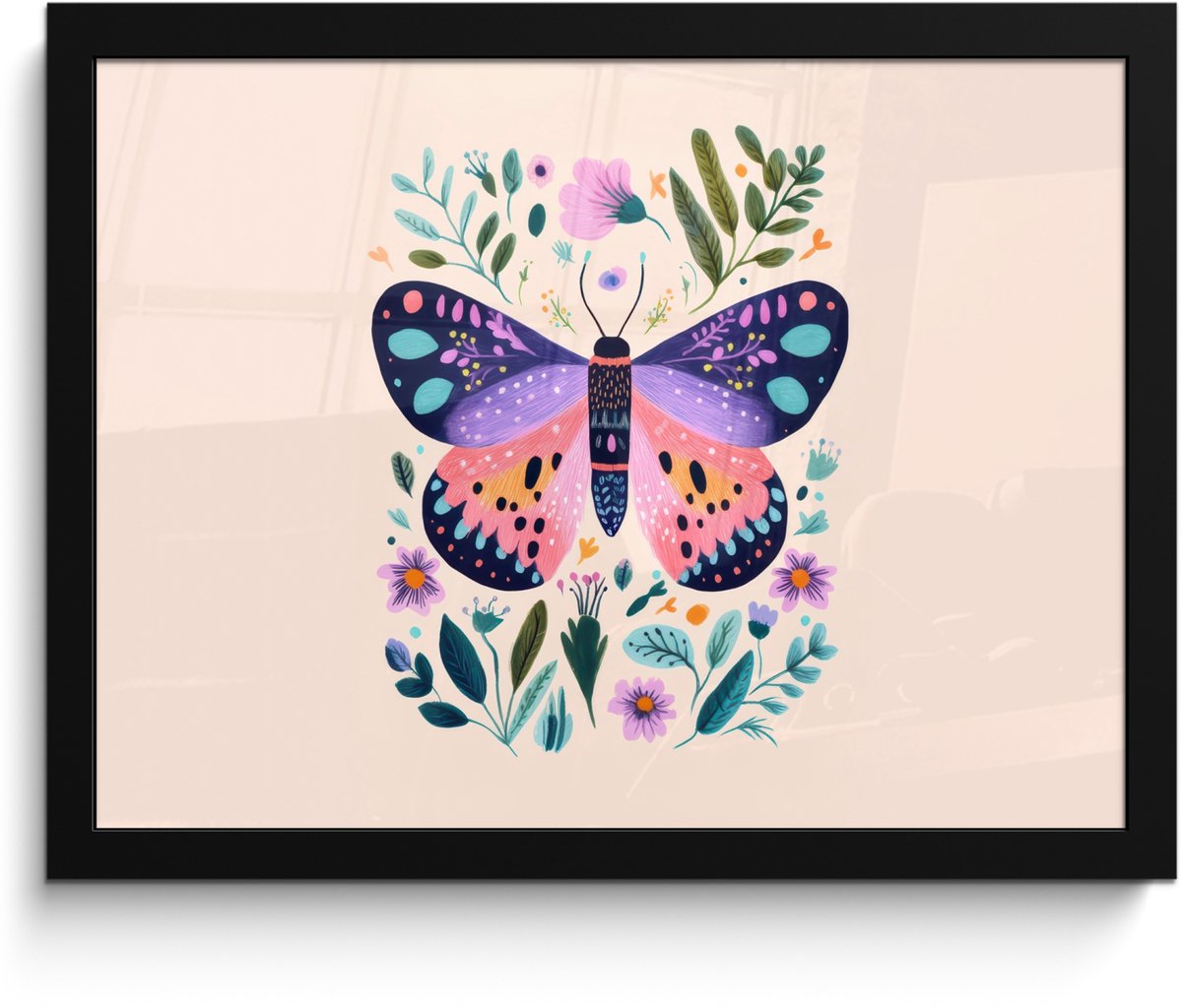 FrameYourWall Poster in lijst - Fotolijst 40x30 cm - Posters - Bloemen - Bladeren - Vlinder - Kleurrijk - Posterlijst zwart - Decoratie - Wanddecoratie woonkamer - Muurdecoratie slaapkamer Vlinder - Bloemen