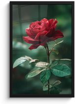 Poster in lijst - Fotolijst 40x60 cm - Posters - Roos - Bladeren - Dieprood - Posterlijst zwart - Decoratie - Wanddecoratie woonkamer - Muurdecoratie slaapkamer