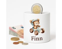 Spaarpot Beertje met auto - gepersonliseerd met naam - Spaarpot met naam gepersonaliseerd - Baby Cadeau - Geschenk - kraamcadeau - Spaarpotten voor kind - jongen of meisje