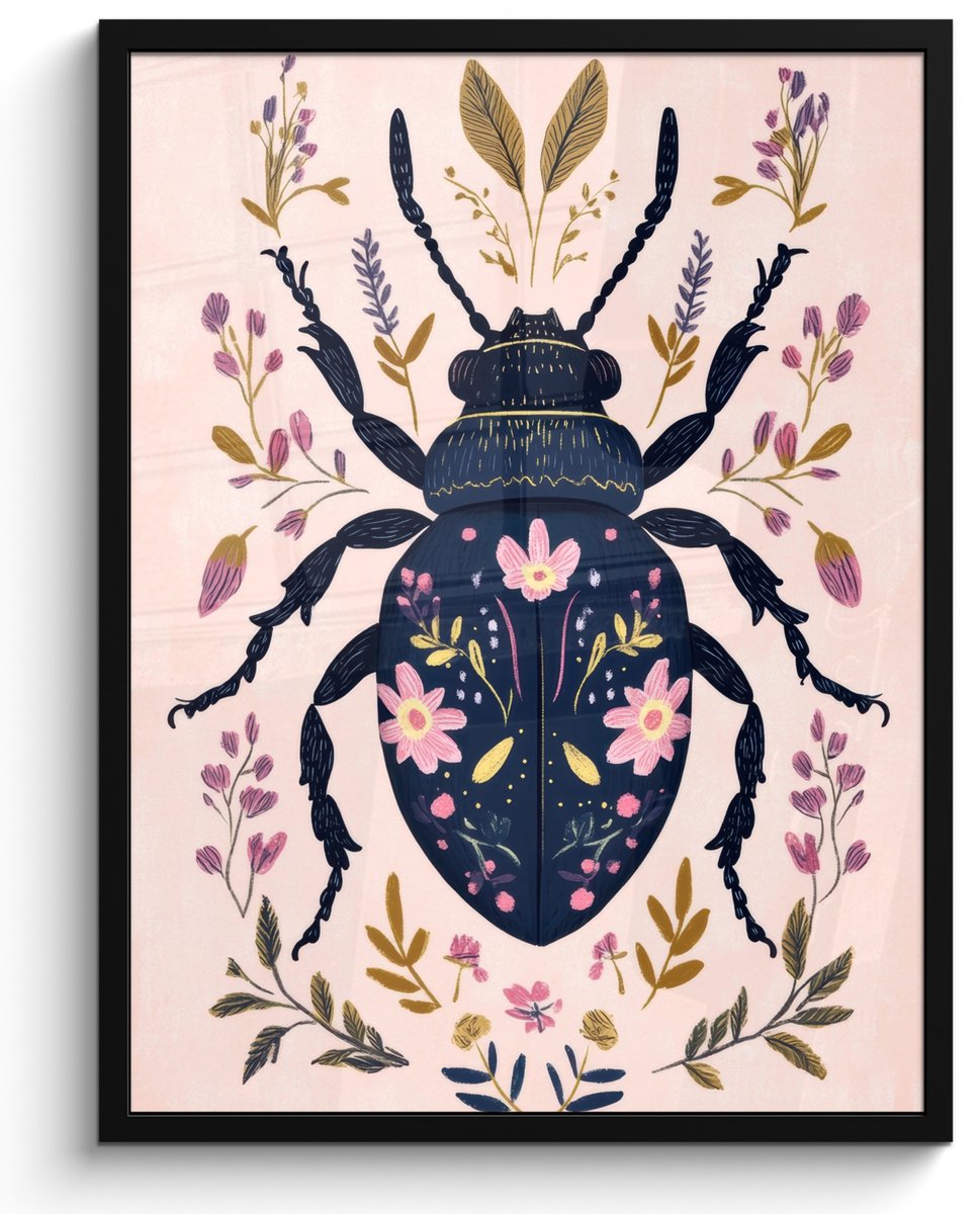 FrameYourWall Poster in lijst - Fotolijst 60x80 cm - Posters - Donkerblauw - Kever - Bloemtakken - Sierlijk - Posterlijst zwart - Decoratie - Wanddecoratie woonkamer - Muurdecoratie slaapkamer Kever - Bloemen